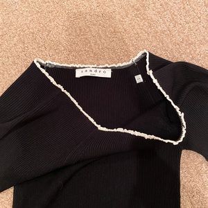 Sandro black t-shirt trimmed with white ruffle